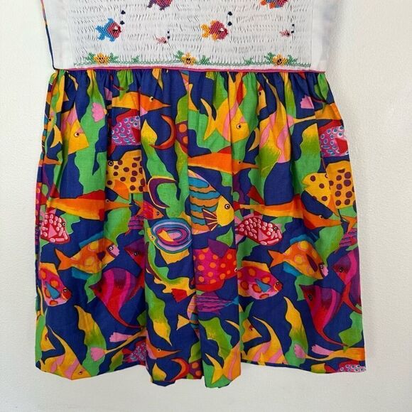 Kids SEE MEASUREMENTS Smocked Art to Wear Abstract Tropical Fish Ecosystem Wide - Picture 6 of 8